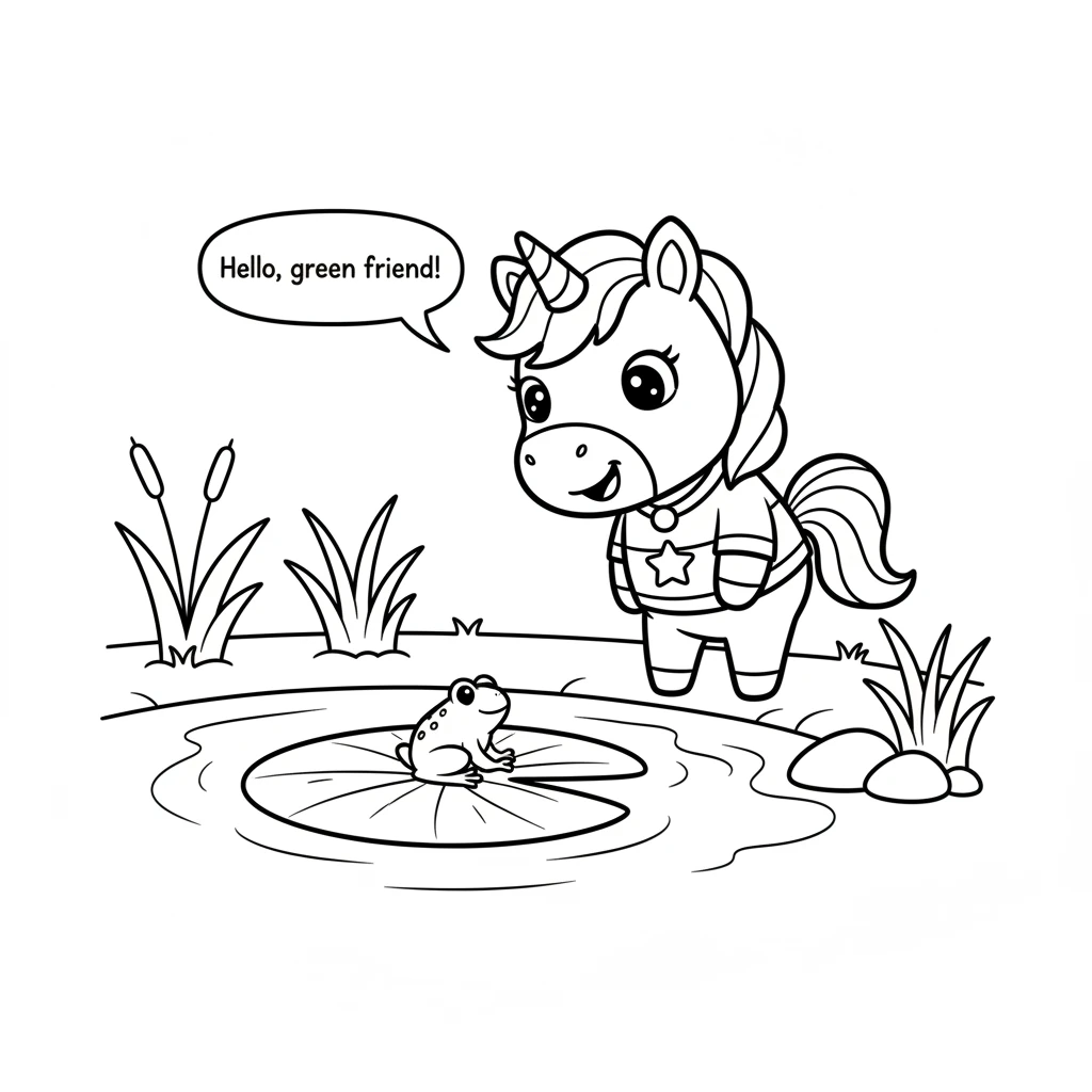 By a quiet pond, Sparklehoof spotted a little frog sitting on a big leaf. The frog and leaf were both a fresh, lively color. "Hello, green friend!" sh