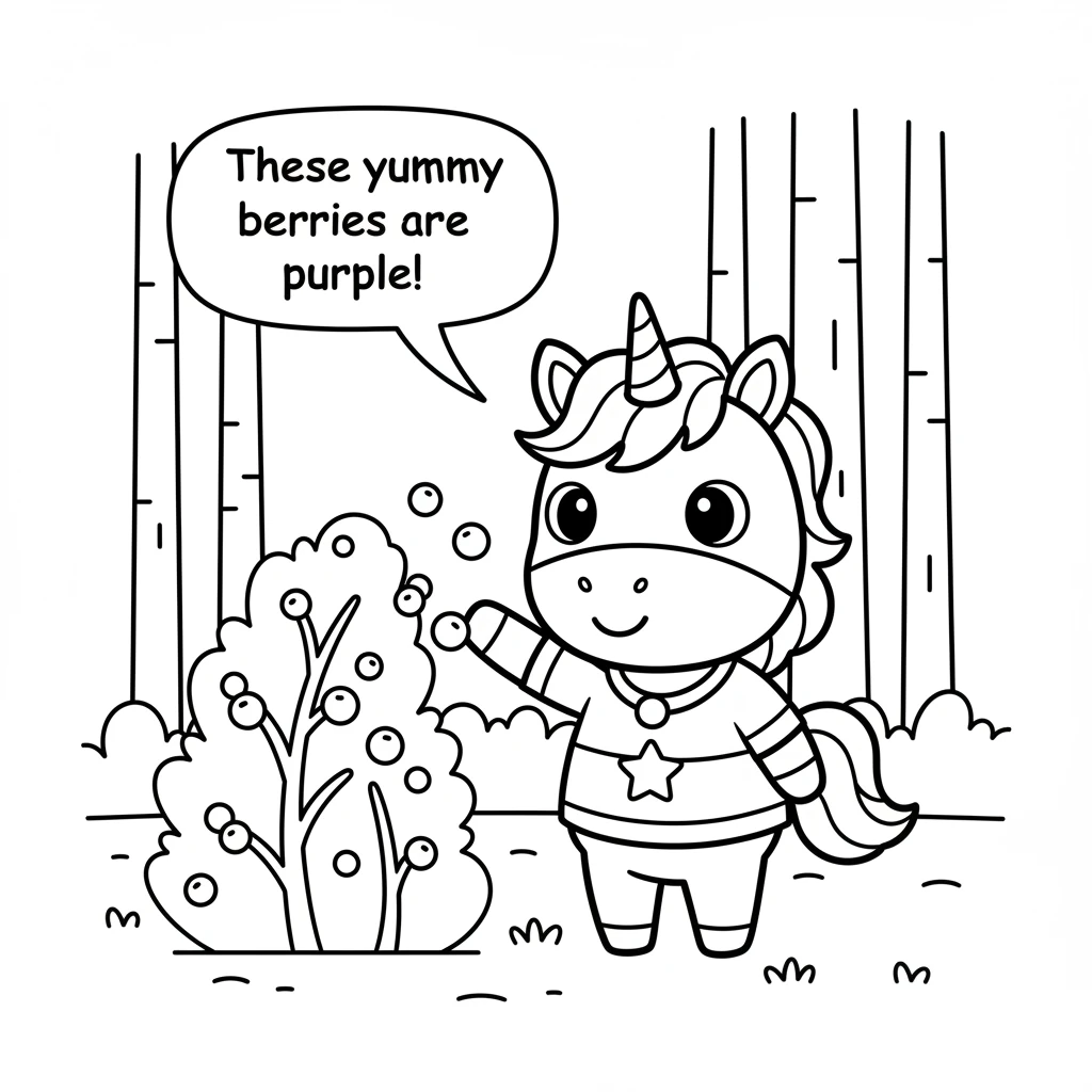 Deep in the forest, Sparklehoof found a bush with small, round fruits. They looked almost magical. "These yummy berries are purple," she observed, fee