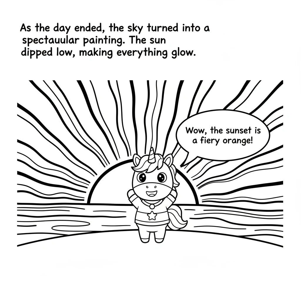 As the day ended, the sky turned into a spectacular painting. The sun dipped low, making everything glow. "Wow, the sunset is a fiery orange!" Sparkle