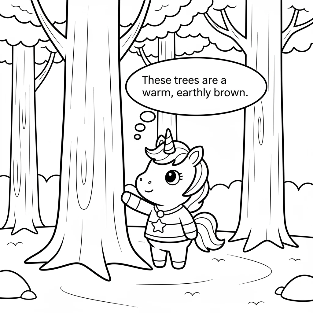 Sparklehoof noticed the strong, tall trees around her. Their trunks were sturdy and rough. "These trees are a warm, earthy brown," she realized, feeli