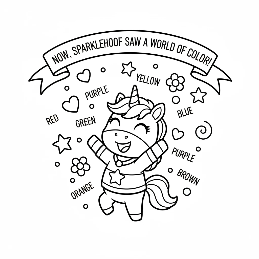 Now, Sparklehoof looked at everything differently. The world was no longer plain white; it was a vibrant tapestry of red, yellow, green, blue, purple,
