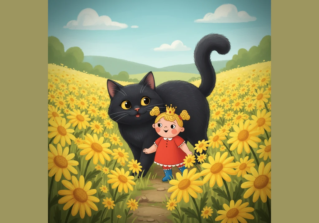 The big black cat purrs like a tiny motor and nuzzles Pippa’s hand. Together, they walk into a field filled with giant, swaying yellow daisies that re