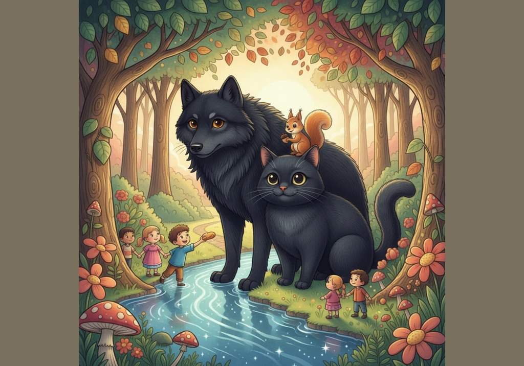 They reach a sparkling blue stream that giggles over the smooth rocks. The big cat stands tall and strong, helping Pippa cross the water so she doesn'