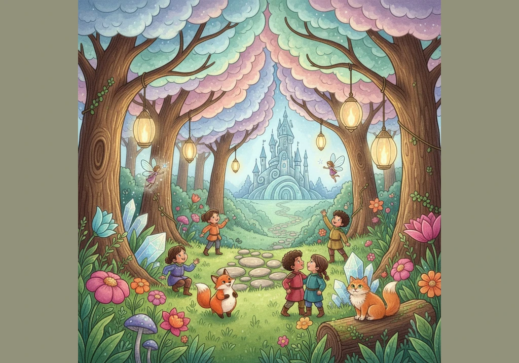 Deep in the woods, the trees have leaves that look like soft, colorful clouds. Pippa and her cat friend stop to listen to the birds singing happy song