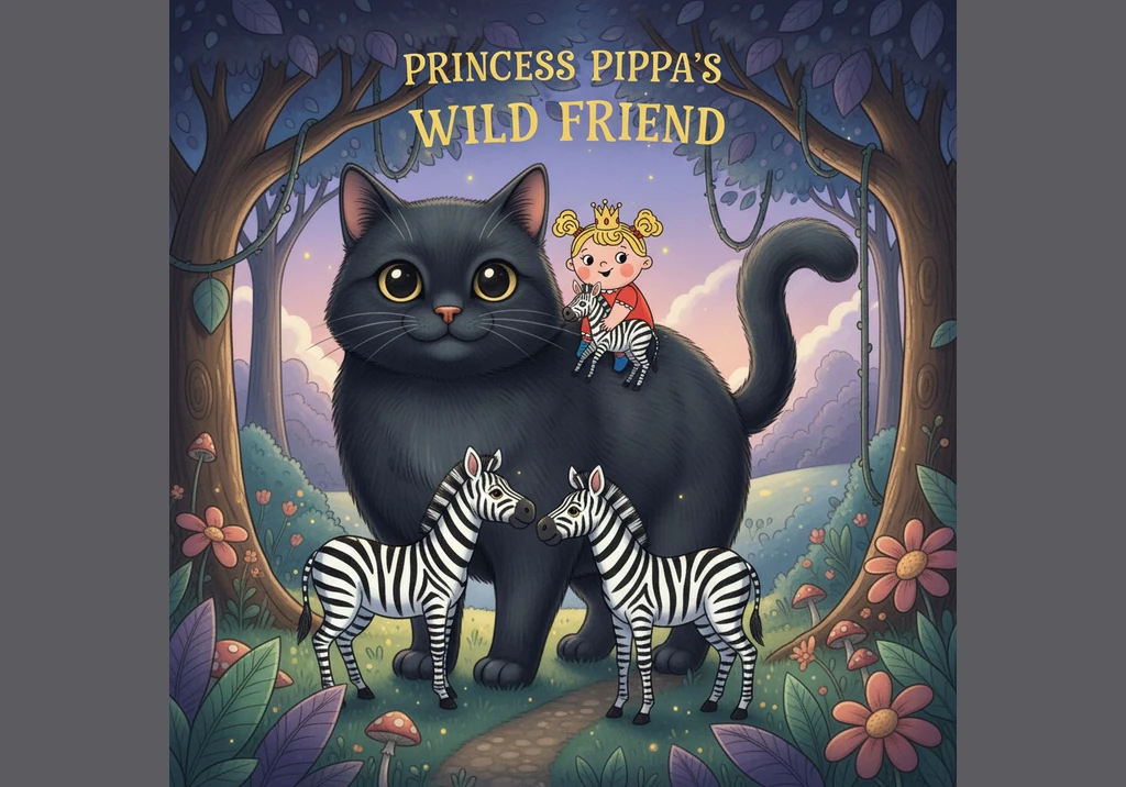 The big black cat kneels down so Pippa can climb onto its soft, warm back. They trot quietly through the twilight, heading back home to the cozy castl