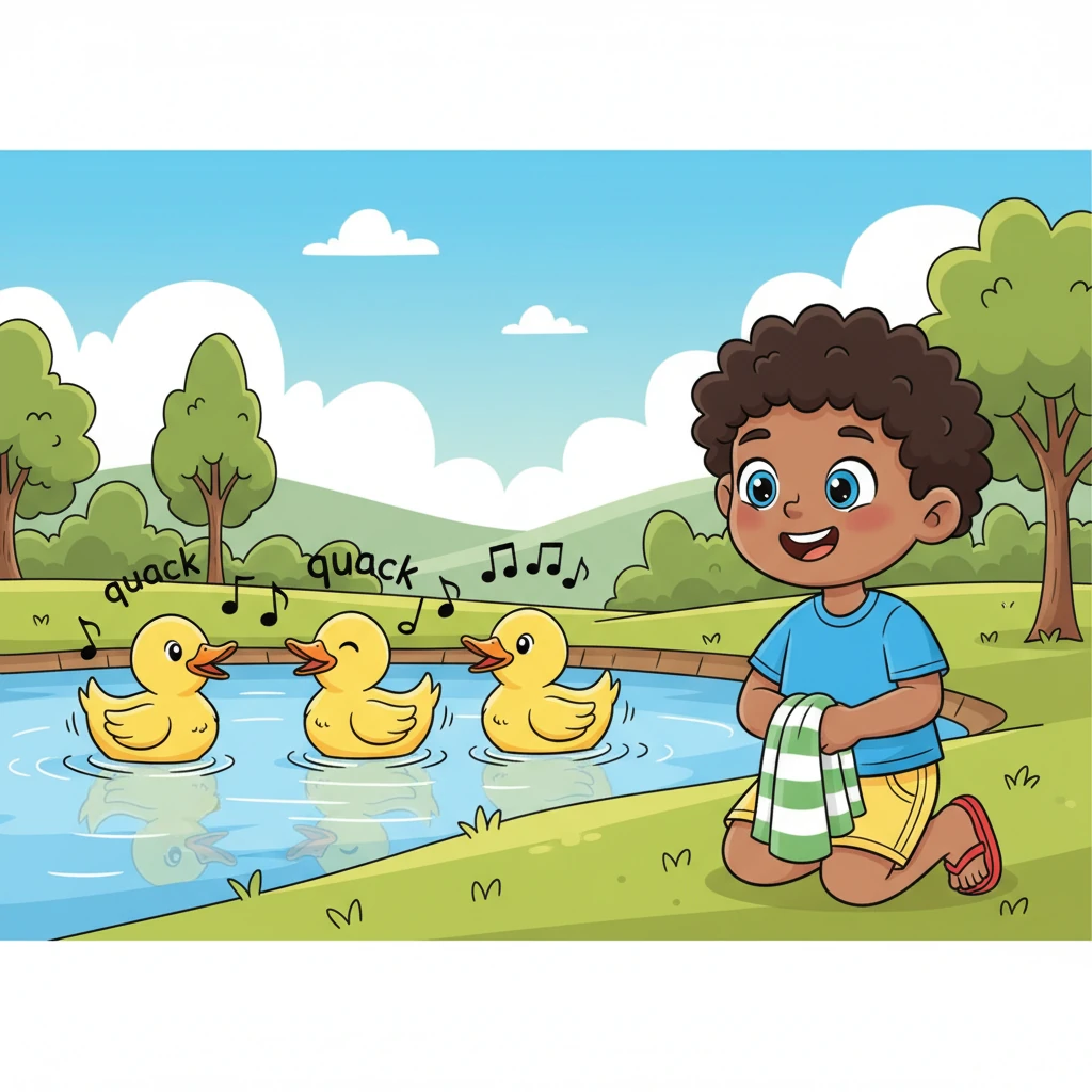 Three plump, happy ducks were gliding gracefully, their tails all wibbling and wobbling with every stroke. 'Quack quack quack quack!' chirped one, then 'Quack quack quack quack quack!' answered another. They marched and quacked, completely unaware of Leo watching their silly parade.