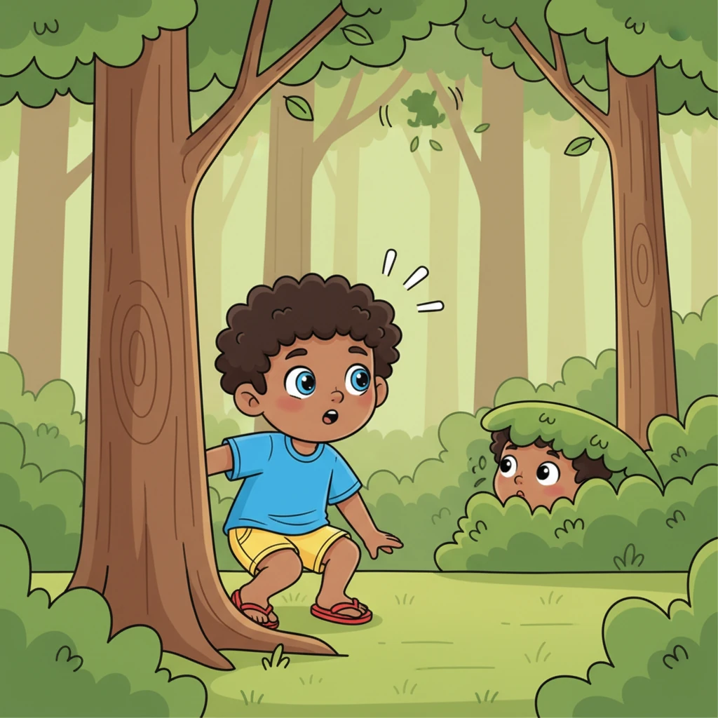 Another summer morning, Leo ventured into the shady green woods, hoping for a new adventure. He peered behind every tree and under every bush, searching for hidden wonders. Instead, he heard a tiny commotion above.