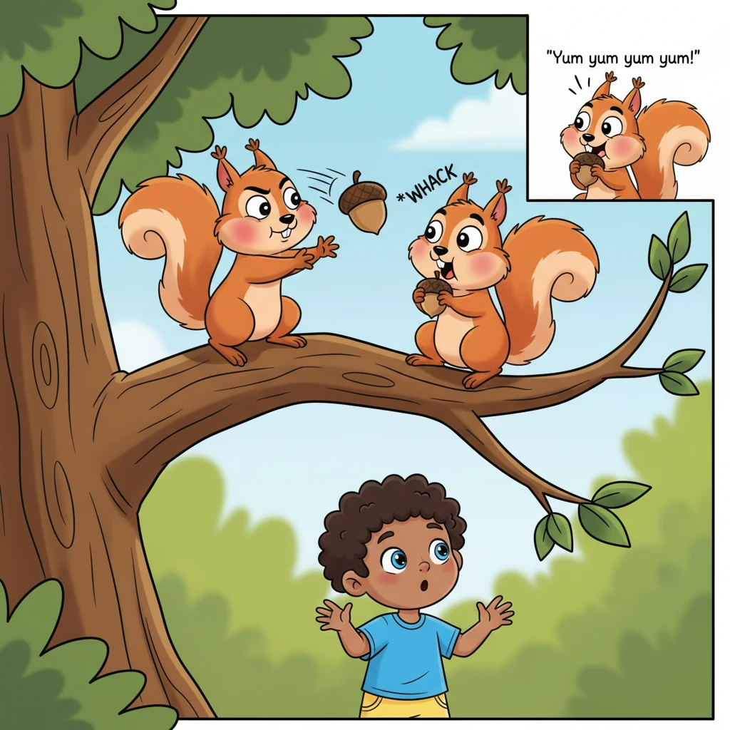 Up on a branch, two fluffy-tailed squirrels were having a very animated disagreement! One cheeky squirrel tossed a nut, bonking the other right on the head. Leo expected a nut-tossing war, but the clever squirrel just munched it with a grin. 'Yum yum yum yum!' it chattered, as the other's cheeks puffed red with surprise.