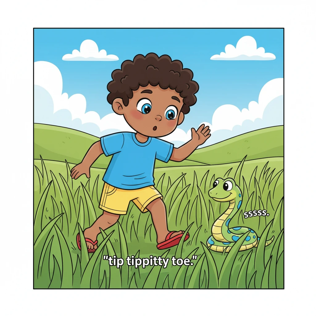 Sssssssssssss sssssssssssssssss ssssssssssssssss, went the sound. Was it a happy song or a sad sigh? Leo tiptoed closer, curious, but his little 'tip tippitty toe' gave him away! With a swift slither and a final 'ssssss', the snake vanished into the tall grass, leaving Leo to wave goodbye.