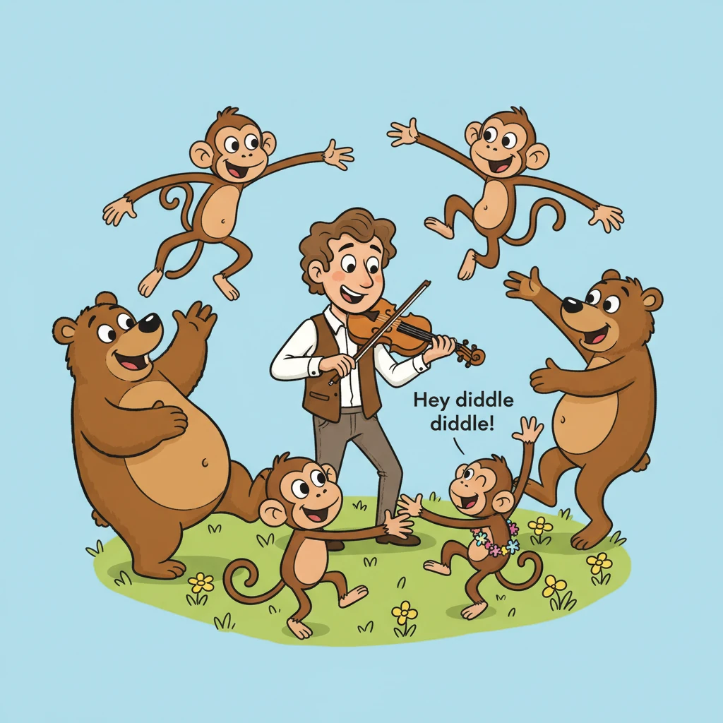 A kind man played a lively fiddle as his amazing animal friends pranced and danced! Bears wiggled their big bellies, and monkeys shimmied with glee. They formed a wobbly, wonderfully silly circle, twisting and twirling to the music. 'Hey diddle diddle!' sang a little monkey, asking for a cuddle.