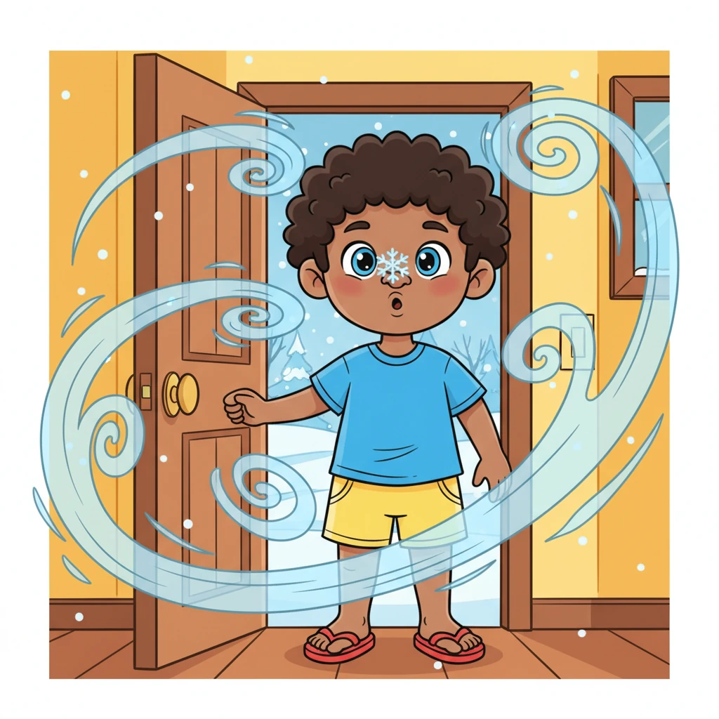 But then, one morning, a strange rap-rap-rap echoed at Leo's door. He opened it, and a shiver ran down his spine! The wind blew cold, whooshing and booooshing like playful ghosts. He wrinkled his nose, and right on its tip, a tiny, cold snowflake landed.