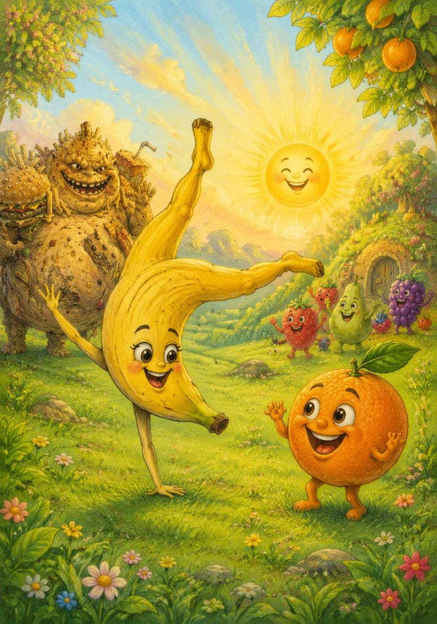 No mágico Reino da Saúde Feliz, uma turma de frutas muito animada acorda bem cedinho com o sol. A Banana Bailarina lidera o dia dando cambalhotas alegres e espalhando energia pura pelo gramado verdejante.