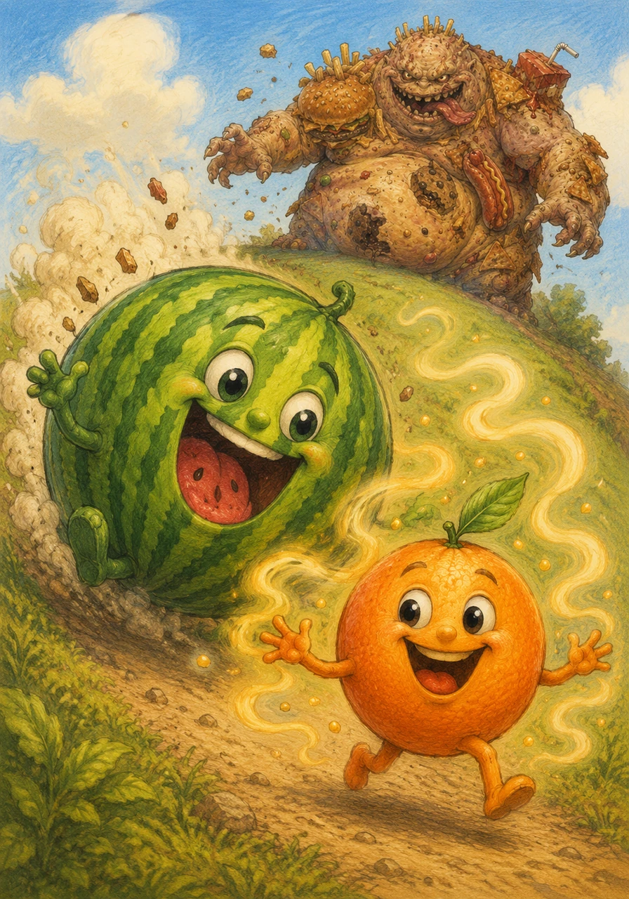 A Laranja Sorridente surge perfumando todo o ar ao redor, enquanto a Melancia Gigante rola morro abaixo com um som divertido de pluft. Elas se juntam para mostrar como são deliciosas e cheias de vitaminas protetoras.