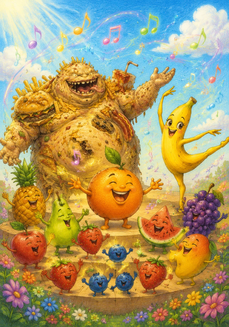 Todas as frutas se reúnem em um lindo coral colorido sob o céu azul. Elas cantam uma música alegre sobre como comer fruta é sensacional para crescer forte, espalhando notas musicais brilhantes por todo o reino.