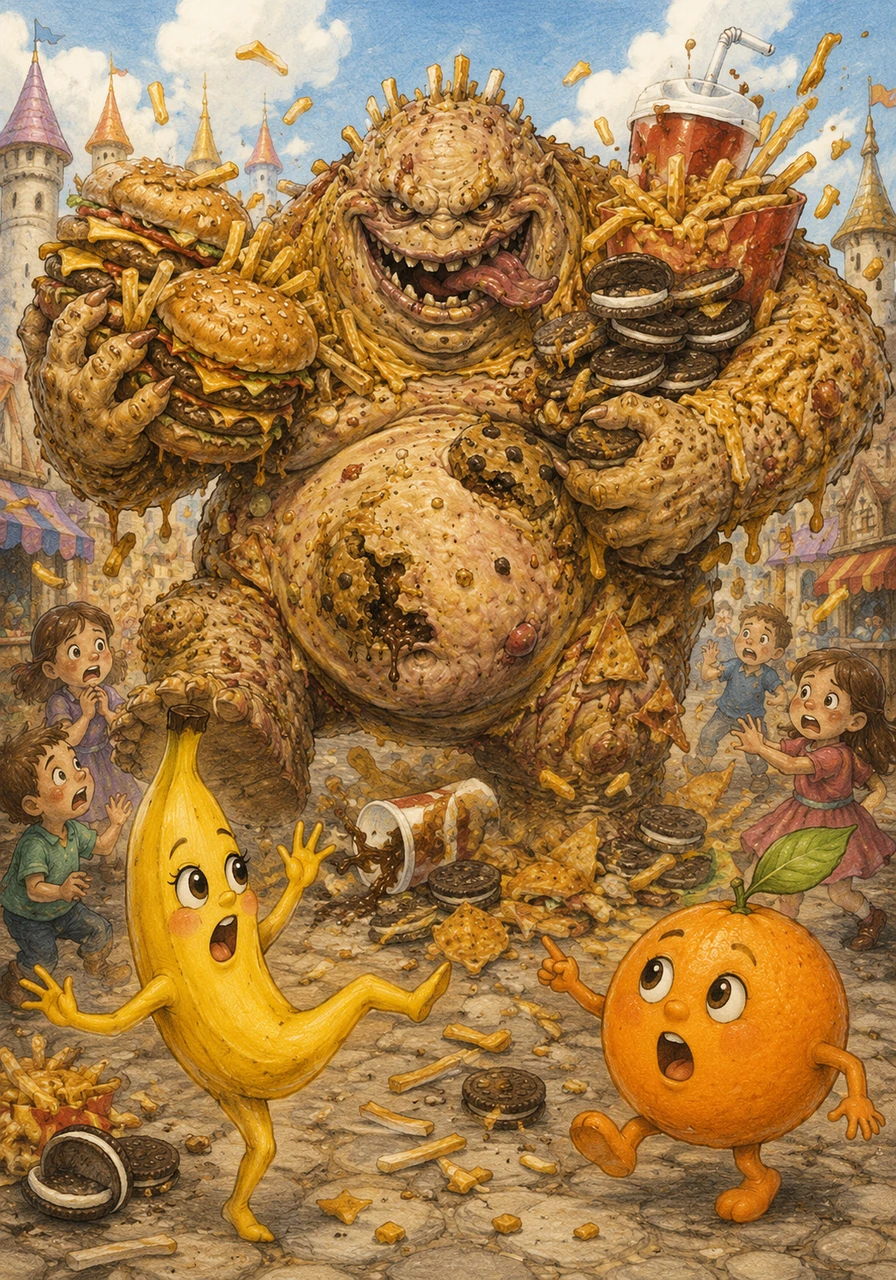 De repente, o Monstro da Comilança Processada aparece fazendo uma grande bagunça no reino. Ele chega carregando montanhas de batata frita, hambúrgueres, biscoitos recheados e refrigerantes, tentando atrair a atenção das crianças.