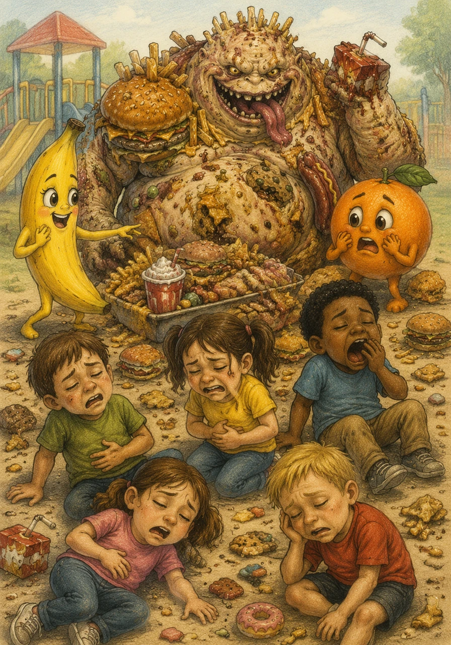 Curiosas, algumas crianças começam a comer os lanches do monstro, mas logo o entusiasmo desaparece. Elas começam a bocejar de sono, sentem dores na barriguinha e ficam sem nenhuma energia para brincar.