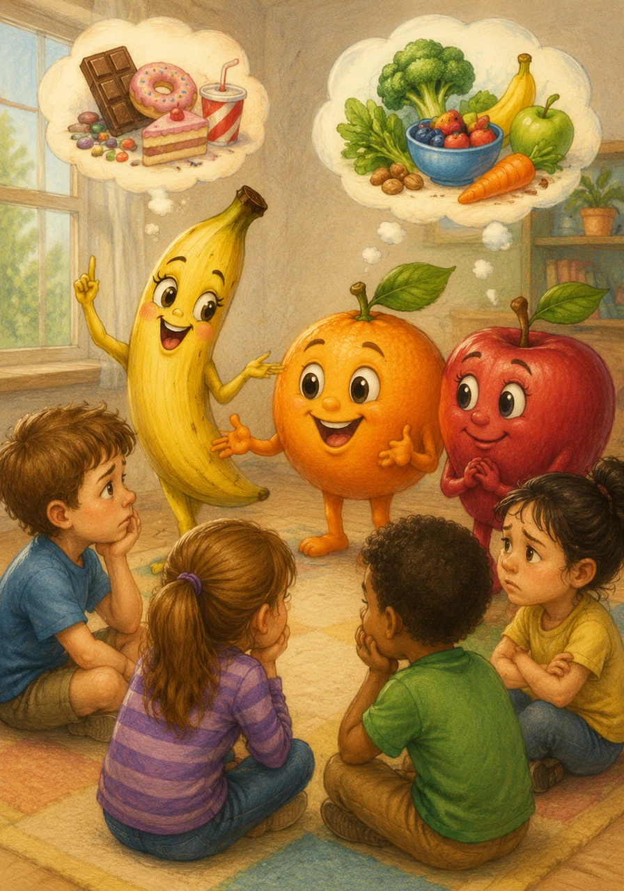 A Banana Bailarina, a Laranja e a Maçã Encantada conversam carinhosamente com as crianças desanimadas. Elas explicam com paciência que comer guloseimas de vez em quando até pode, mas que o corpo precisa de alimentos naturais para o cérebro e o humor funcionarem bem.