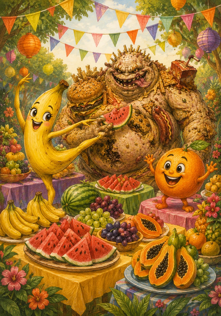 As frutas têm uma ideia brilhante e organizam a Grande Festa Colorida da Alimentação Saudável. Mesas longas e festivas são montadas ao ar livre, repletas de bananas, melancias, uvas e mamões fresquinhos para todos experimentarem.