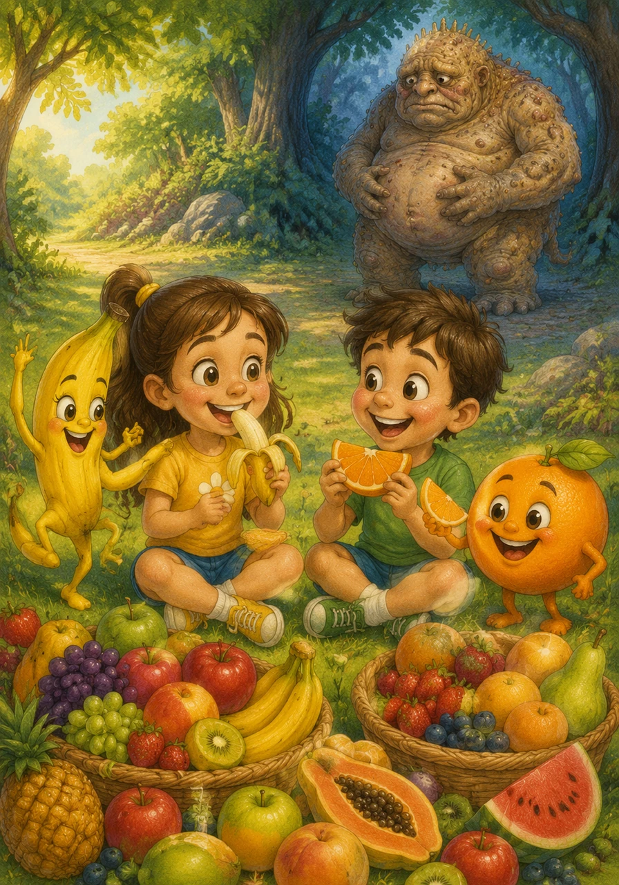 As crianças saboreiam as frutas coloridas e sentem a alegria e a energia voltando imediatamente para seus corpos. Até o Monstro da Comilança observa a cena de longe, pensativo, segurando sua barriga e imaginando se também pode aprender a comer melhor.