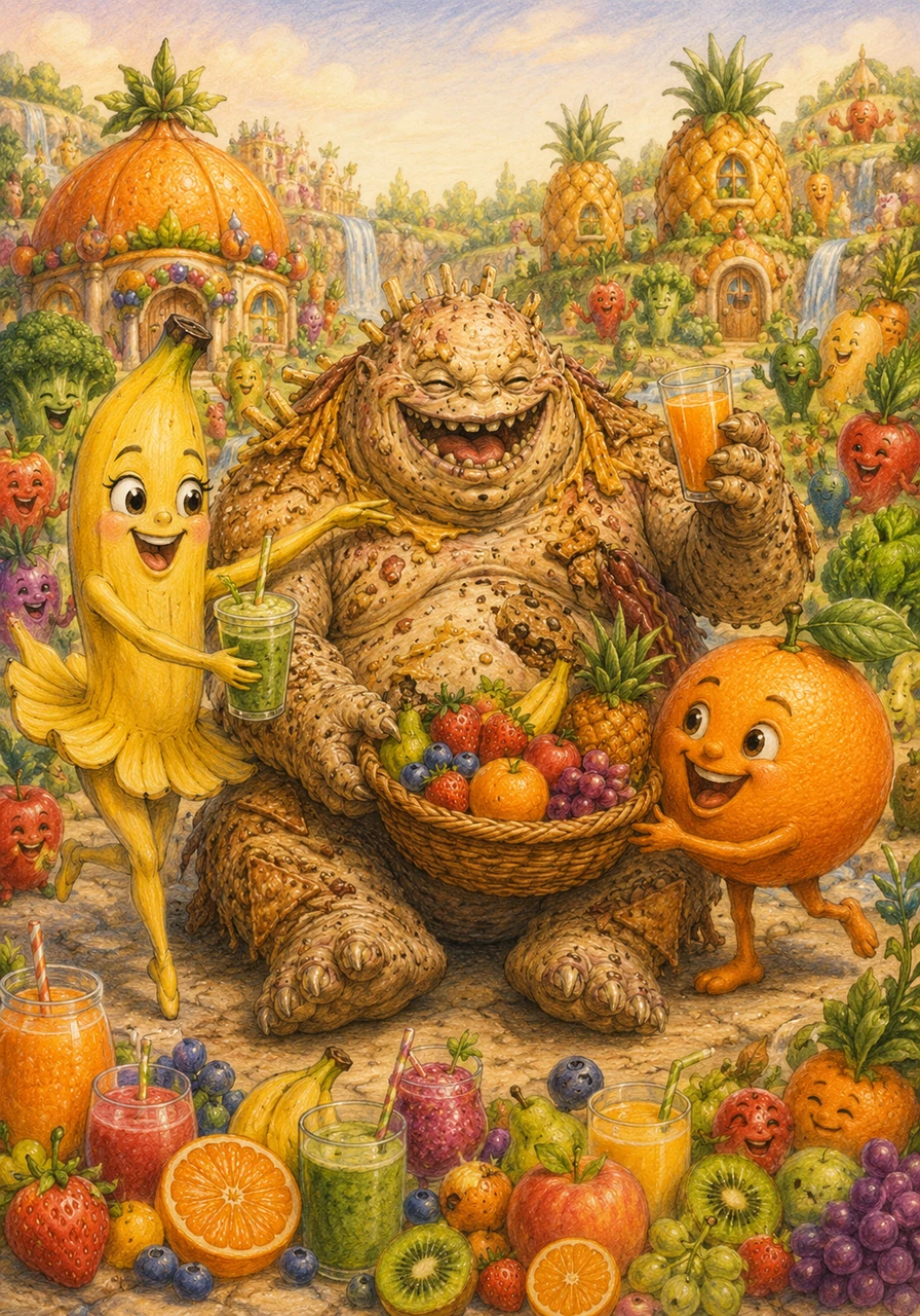 As frutas recebem o monstro de braços abertos e o ajudam a trocar as guloseimas por sucos naturais e lanches saudáveis. Agora, todo o reino canta junto uma nova canção feliz, celebrando o segredo genial de crescer forte e saudável.