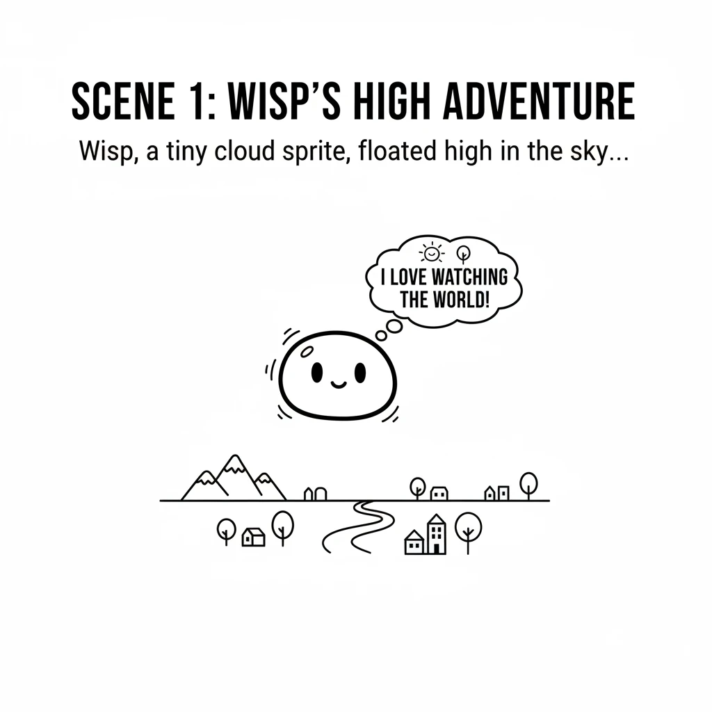 Wisp, a tiny cloud sprite, floated high in the sky. It was small and round, with two little eyes and a gentle smile. Wisp loved to drift and watch the