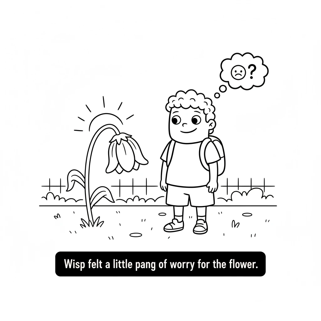 One sunny afternoon, Wisp saw a bright red flower wilting in a garden. The sun was hot, and the flower looked very sad, drooping its petals. Wisp felt