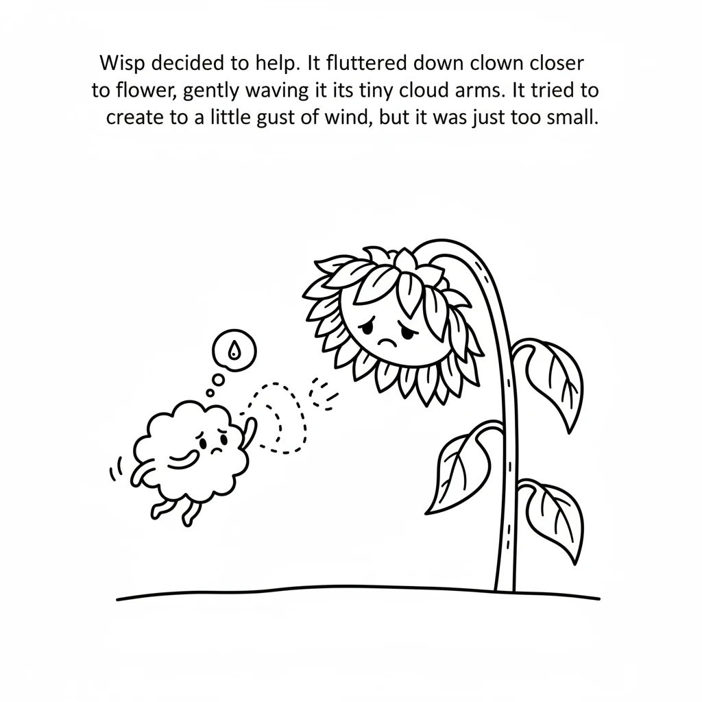 Wisp decided to help. It fluttered down closer to the flower, gently waving its tiny cloud arms. It tried to create a little gust of wind, but it was