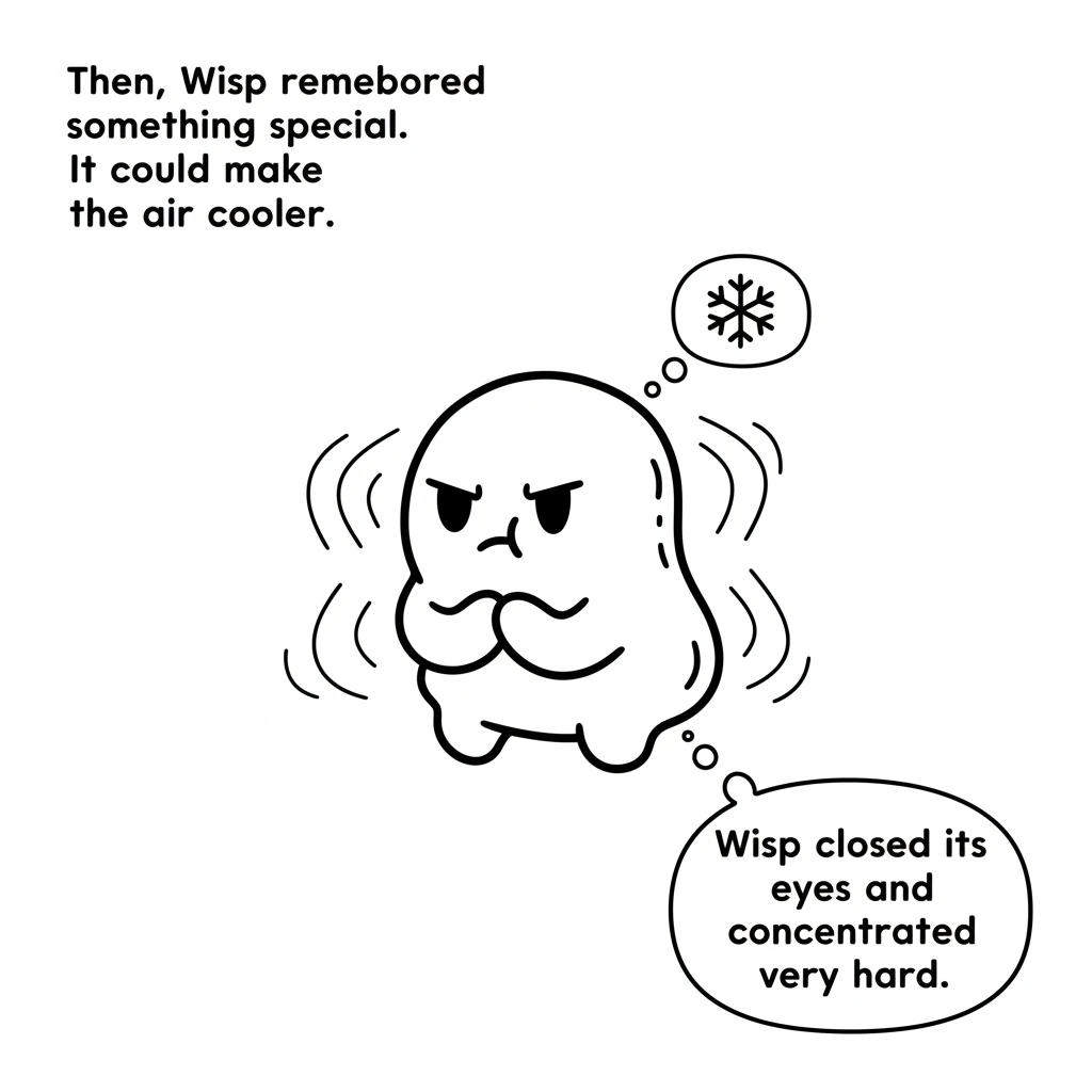 Then, Wisp remembered something special about itself. It could make the air around it just a tiny bit cooler. Wisp closed its eyes and concentrated ve