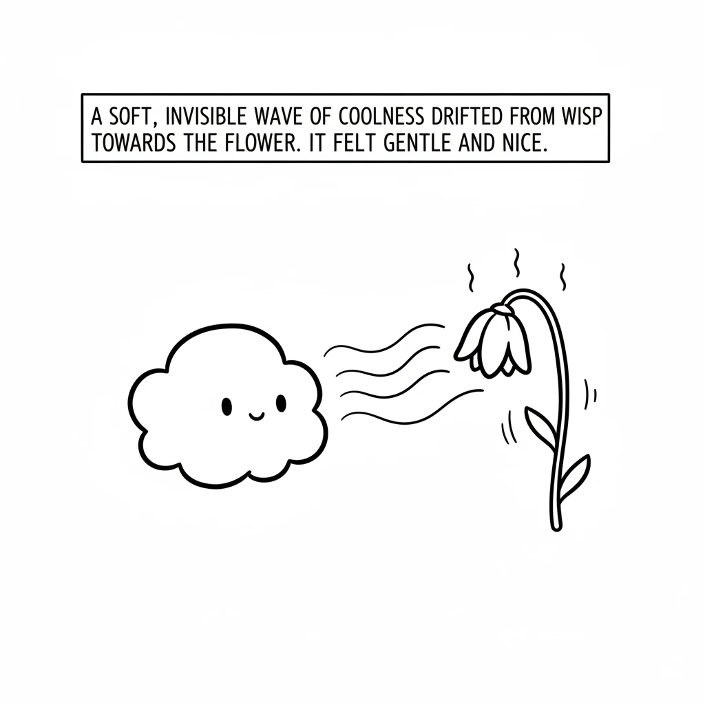 A soft, invisible wave of coolness drifted from Wisp towards the flower. It was like a whisper of a breeze, gentle and refreshing. The air around the