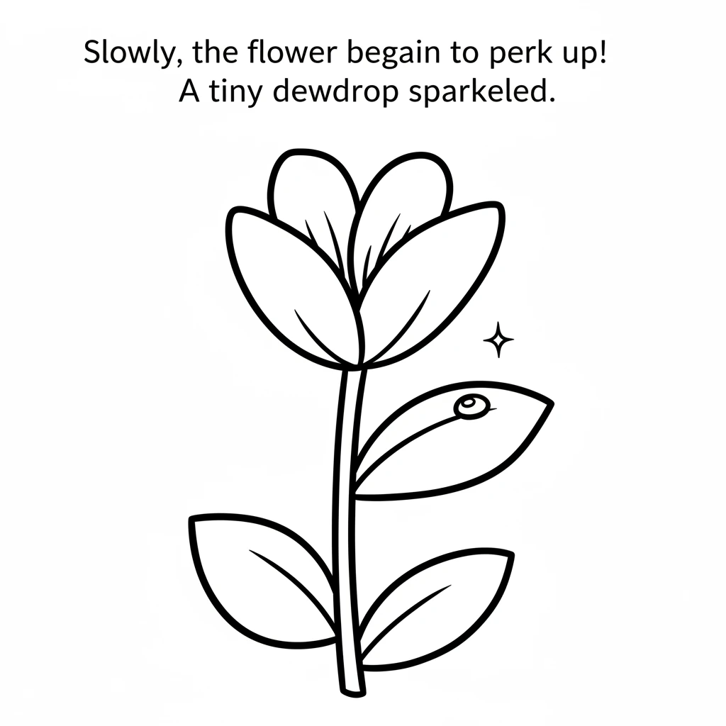 Slowly, the red flower began to perk up. Its petals lifted, and its stem straightened, looking happy again. A tiny dewdrop sparkled on one leaf.