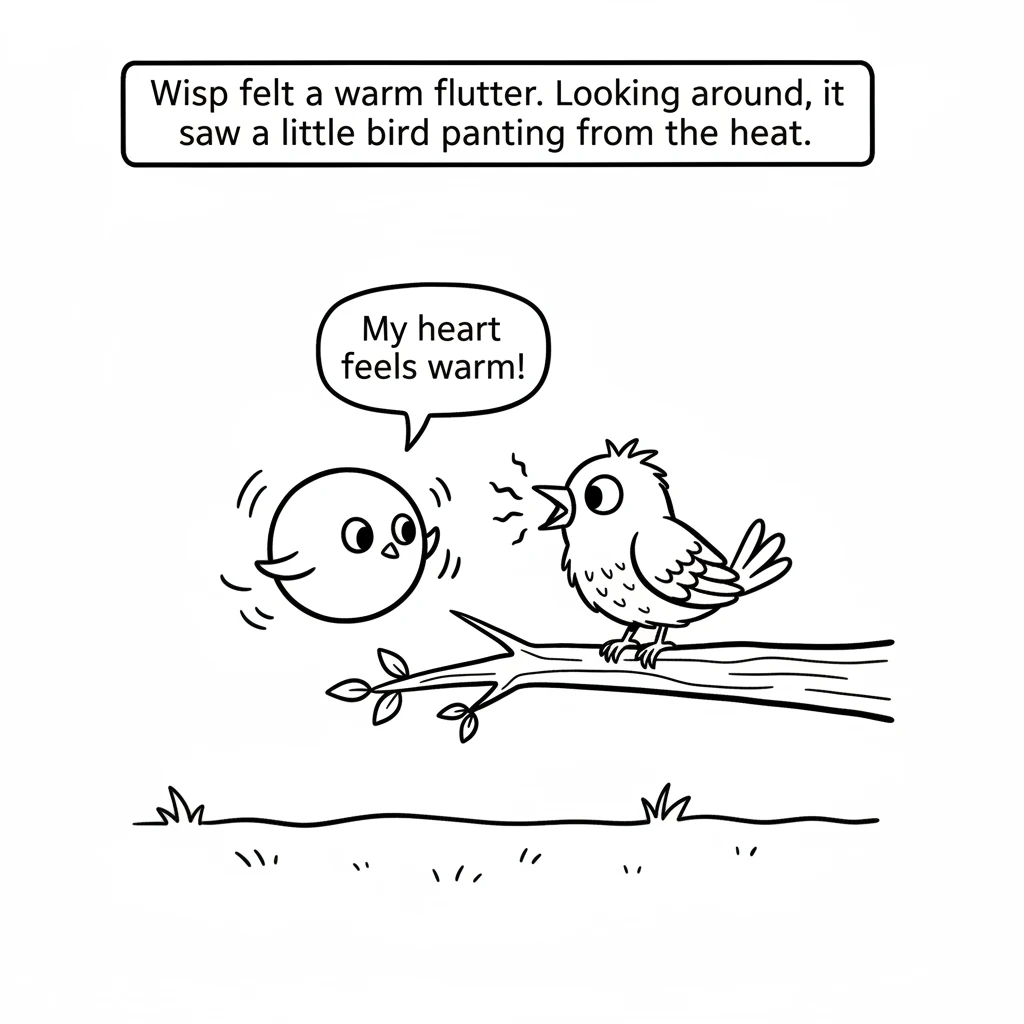 Wisp felt a warm flutter in its own heart. Looking around, it then spotted a little blue bird perched on a branch. The bird was panting slightly, its