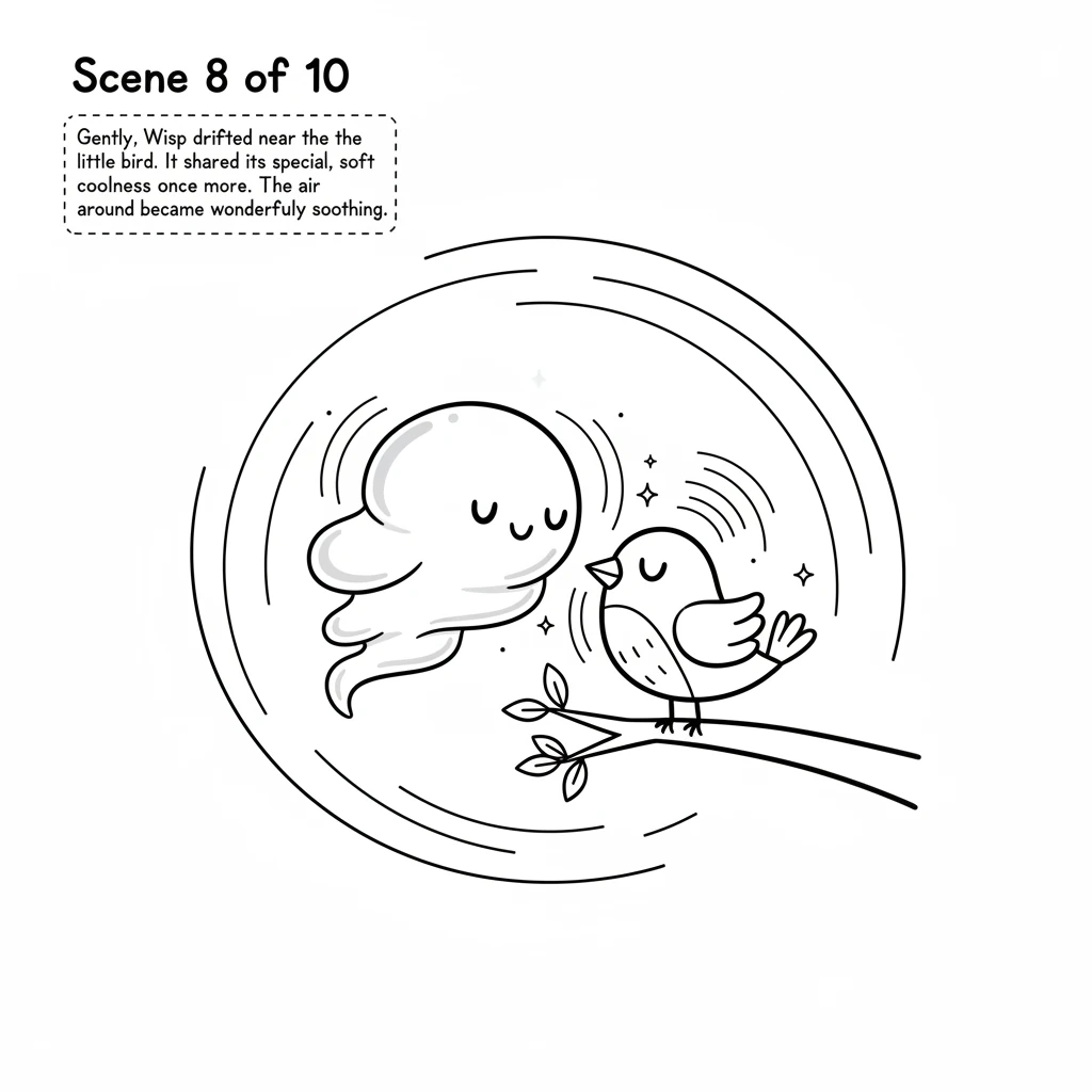 Gently, Wisp drifted near the little bird. It shared its special, soft coolness once more. The air around the bird became wonderfully soothing.