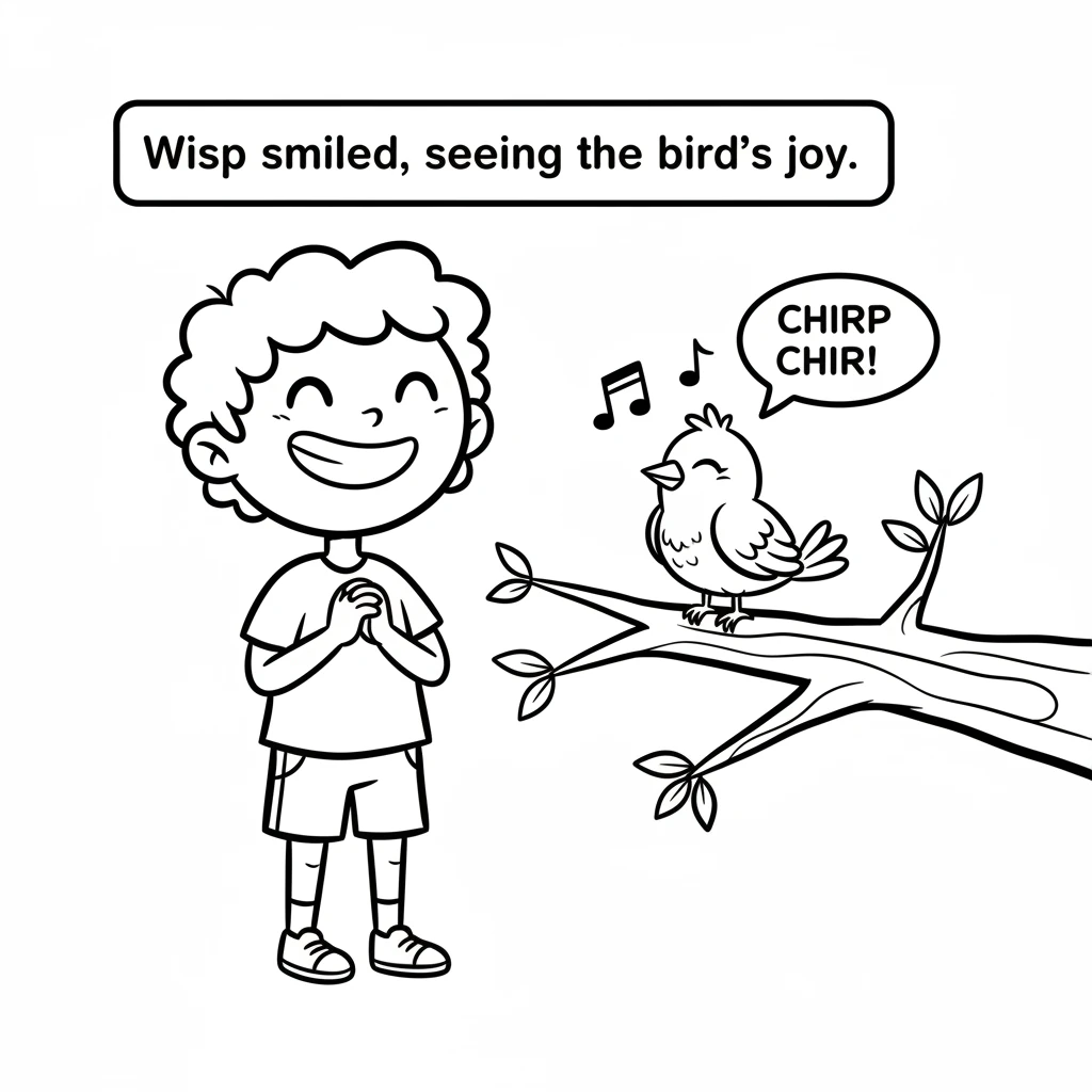 The blue bird stopped panting and ruffled its feathers contentedly. It chirped a happy little song, feeling refreshed and comfortable. Wisp smiled, se