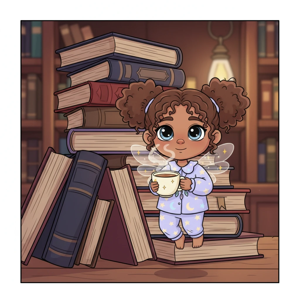 From behind a stack of ancient, leather-bound books, a tiny house-sprite with sparkling eyes peeks out. It floats gracefully towards you, holding a steaming mug of warm, fragrant chamomile tea. The sprite offers a sleepy, welcoming smile, its small hands carefully presenting the drink.