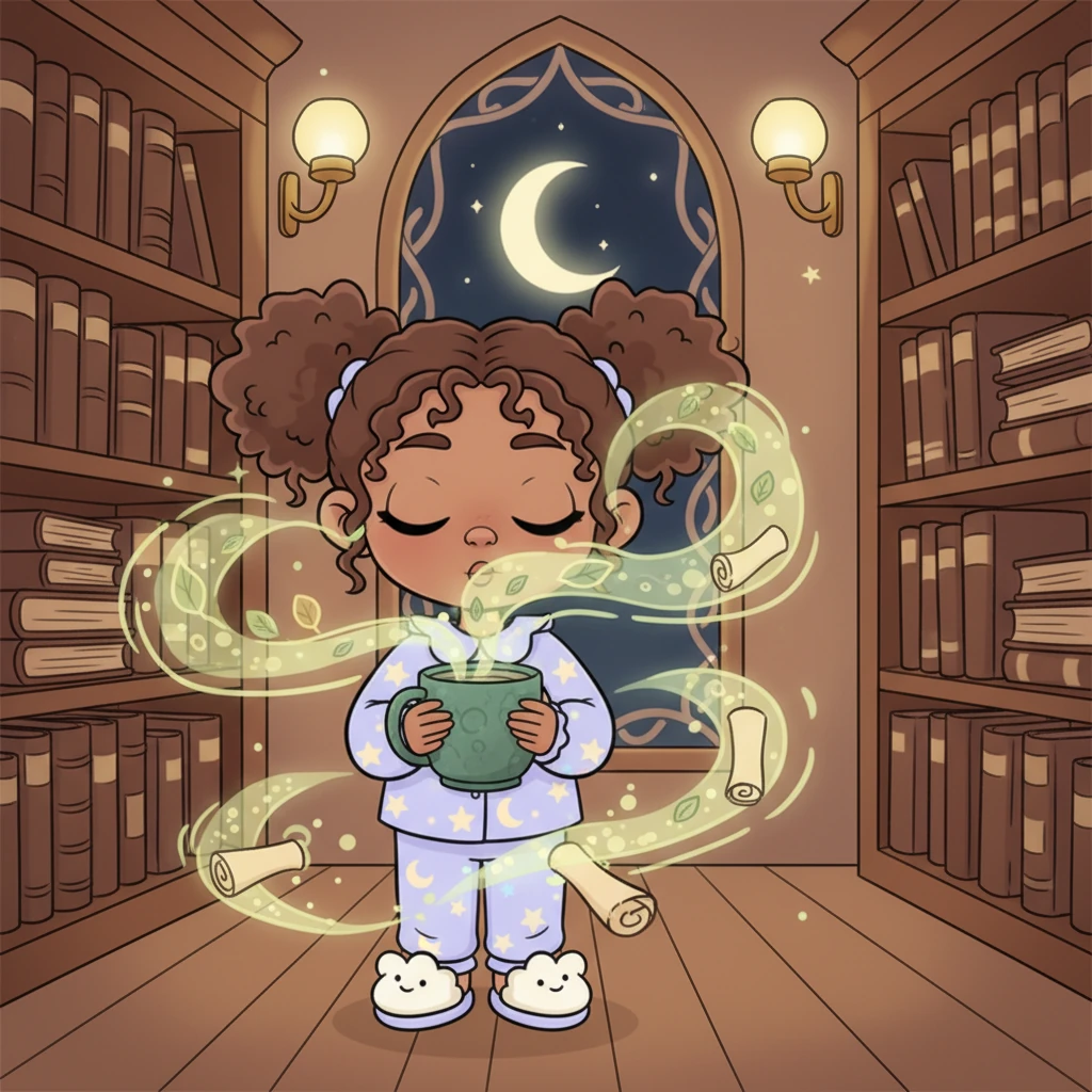 As you take the mug, a delicate aroma of sweet herbs and old parchment drifts around you. The scent is familiar and deeply comforting, like a lullaby woven from forgotten stories. It wraps around you, a gentle embrace of the academy's quiet magic.