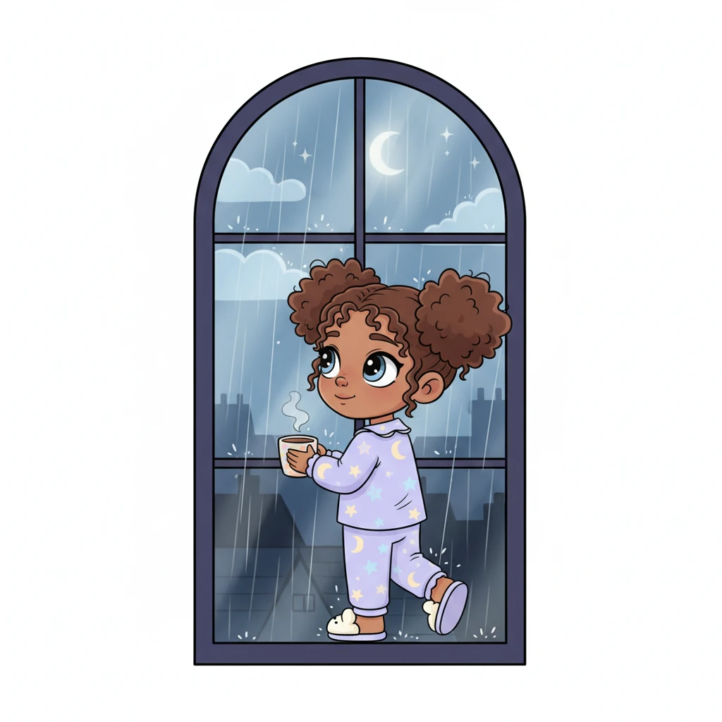 You drift towards a tall arched window, the warm mug cradled in your hands, and gaze out into the soft night. The rain is now a steady, rhythmic whisper against the glass, creating shimmering streaks of light. The world outside seems to slow down, mirroring the peace within.