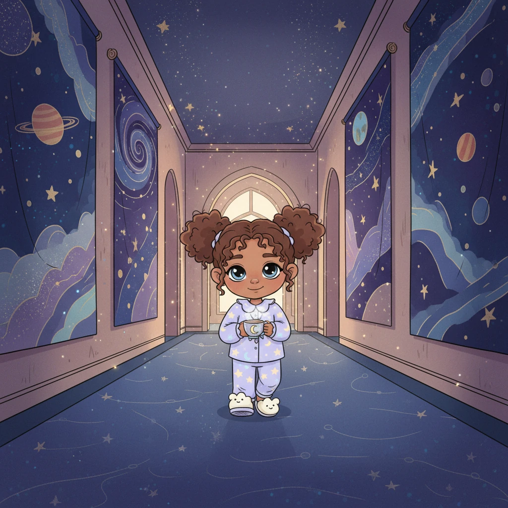 With a quiet sip of your tea, you begin to wander down a softly lit hallway. The walls are adorned with tapestries depicting constellations and gentle stardust, glowing faintly. Each step is cushioned and silent, a slow, unhurried journey deeper into the academy's heart.