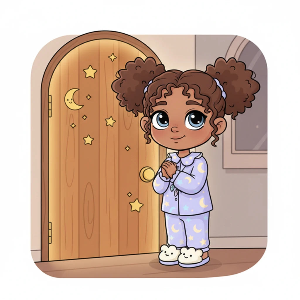 You arrive at a simple, wooden door, adorned with a tiny, carved moon and stars. This is your room, a personal haven awaiting your arrival. A gentle, warm light seems to pulse from within, beckoning you closer.