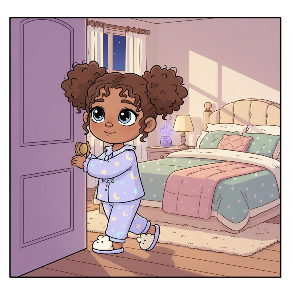 Pushing the door open, you step into a room that feels like a soft, welcoming hug. A comfortable bed piled high with fluffy blankets invites you to rest. The air is warm and still, carrying a faint whisper of lavender.
