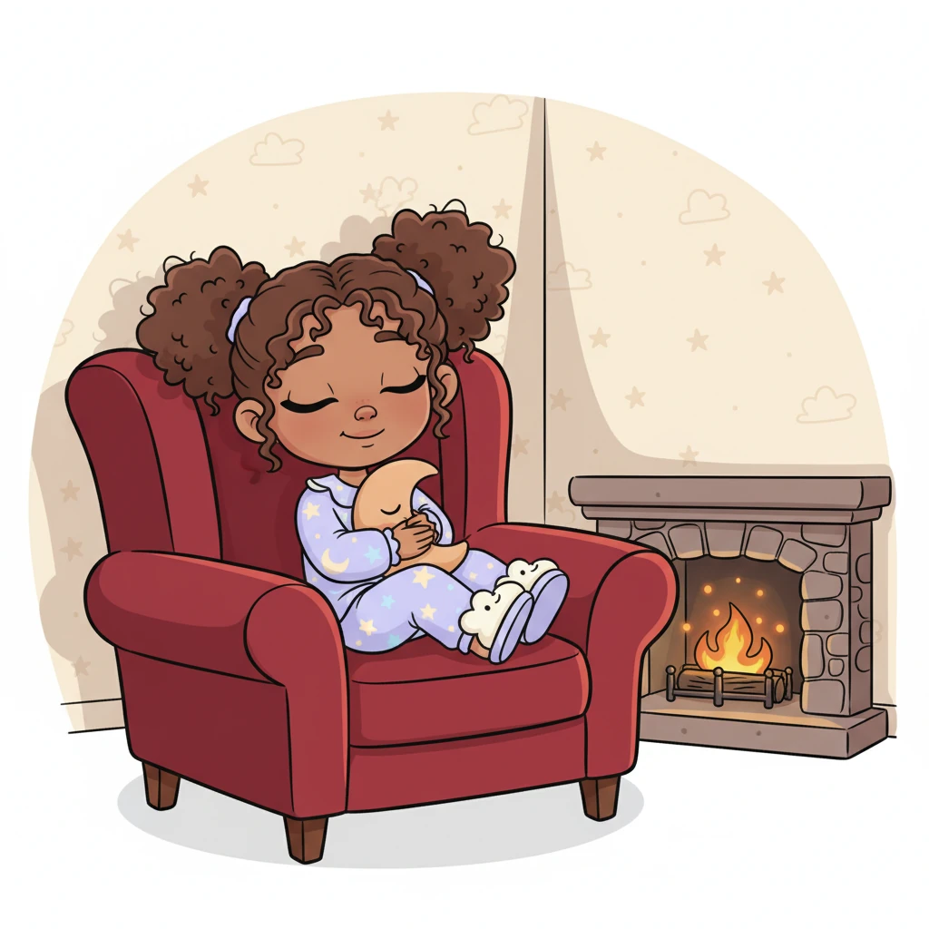 In the corner, a plump, velvety armchair sits beside a small, stone fireplace where tiny, magical embers glow. The fire crackles with a whisper-soft sound, casting dancing shadows on the gentle wallpaper. It looks like the perfect spot to unwind.