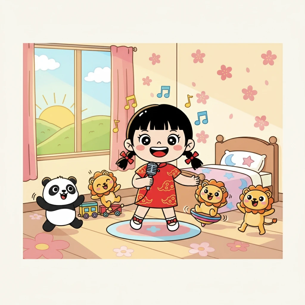 每天早上,当太阳升起时,小红会在自己的小房间里开始唱歌。 她的歌声充满了快乐,总是能让房间里的玩具们都变得开心起来。