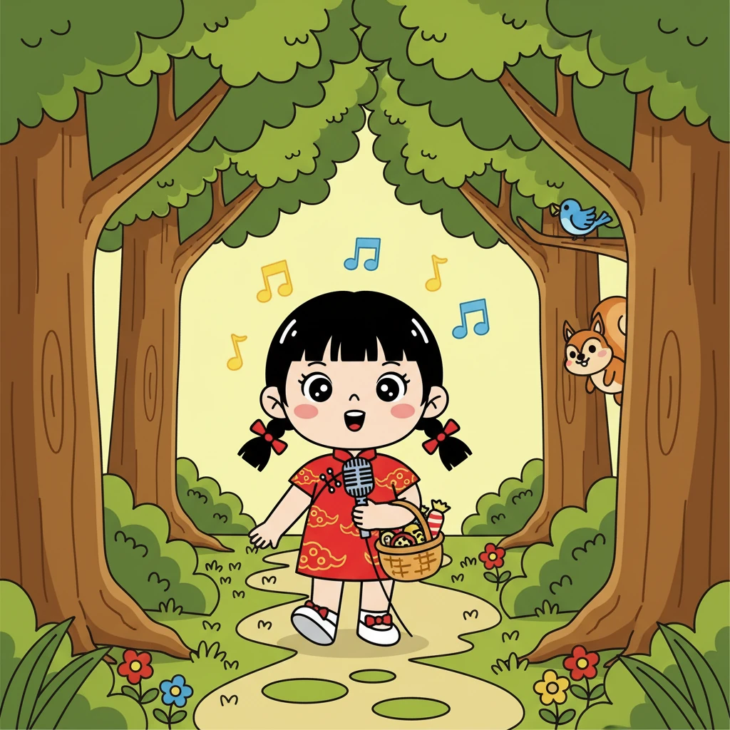 有一天,小红决定去森林里唱歌。 她带上了一个小小的篮子,里面装满了她最喜欢的零食。
