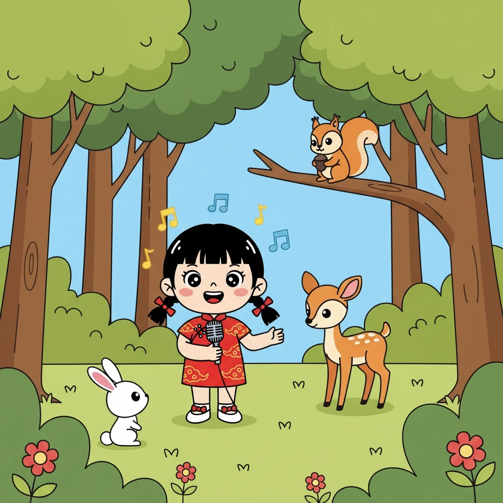在森林里,小红遇到了许多小动物。 有小兔子,小松鼠,还有可爱的小鹿。 小红对它们说:“你们想听我唱歌吗?”