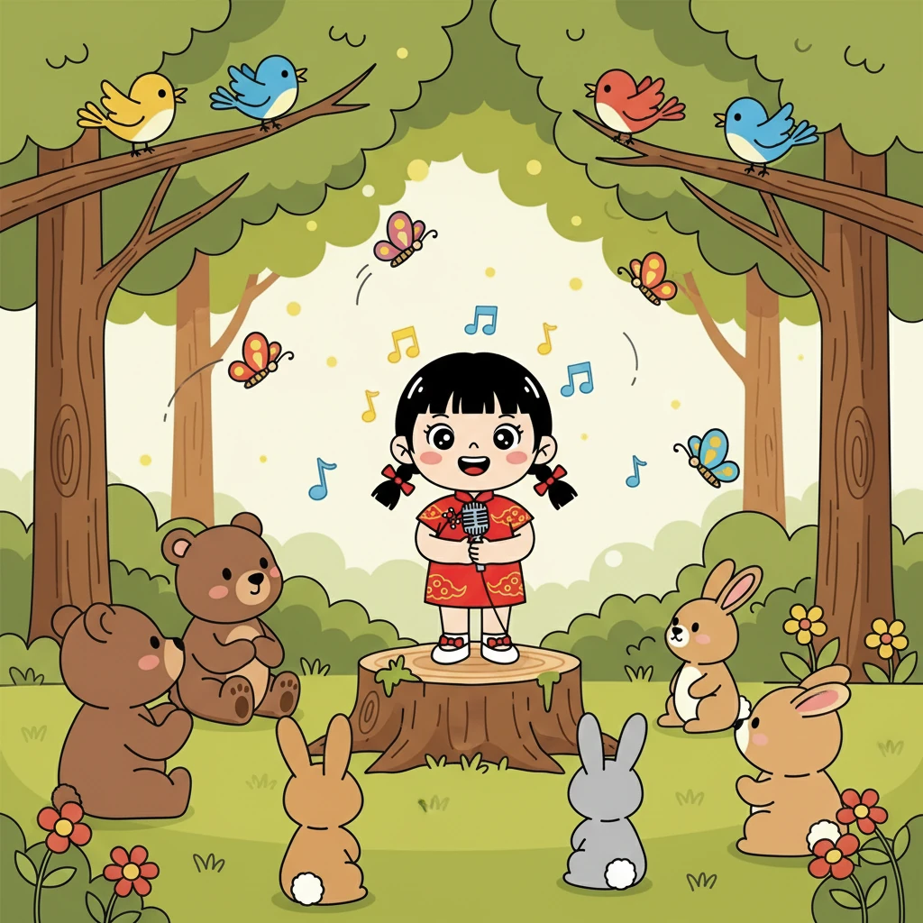 歌声吸引了森林里所有的小动物,它们都静静地听着小红唱歌。 鸟儿在树上跳舞,蝴蝶在空中飞舞。
