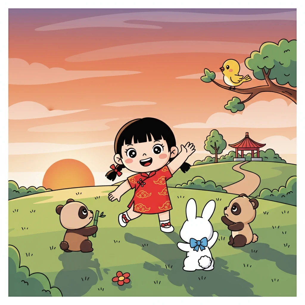 太阳渐渐落下,小红要回家了。 小动物们都依依不舍地和小红告别,并约定第二天再来听她唱歌。