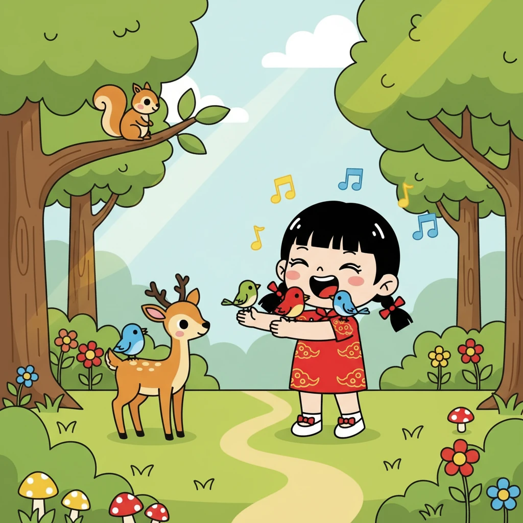 回到家,小红的妈妈问她今天过得怎么样。 小红开心地说:“今天我在森林里唱歌,和好多小动物一起玩!”