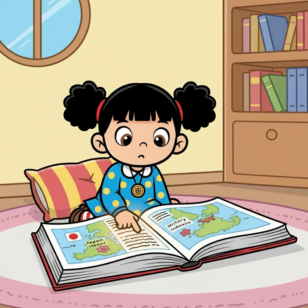 Rini, seorang gadis kecil yang cerdas, sedang membaca buku sejarah di kamarnya. Di halaman pertama, ia melihat peta dunia dan fokus pada dua negara: Jepang dan Indonesia. Rasa ingin tahunya membara saat ia mulai menyelidiki kisah menarik tentang kedatangan Jepang ke Indonesia.