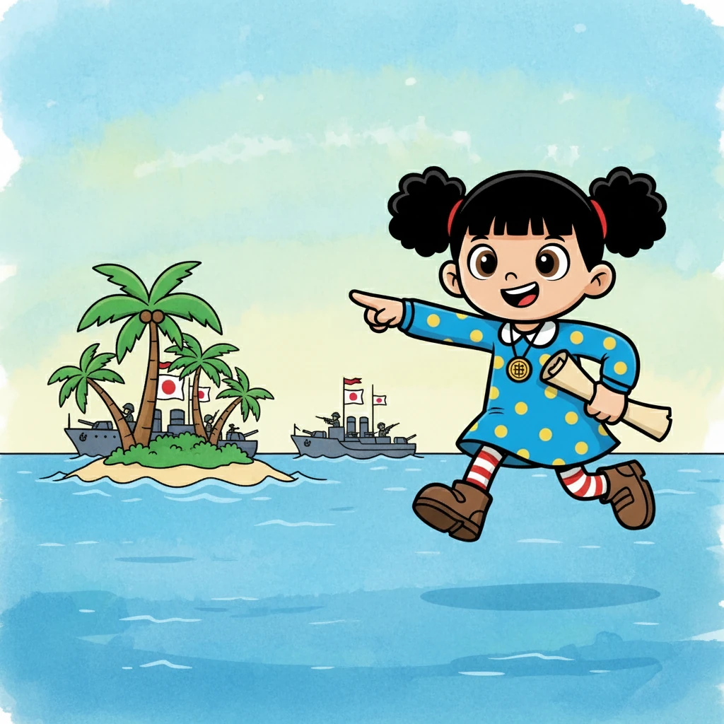 Rini menemukan informasi tentang Perang Dunia II dan bagaimana Jepang terlibat. Ia membayangkan para tentara Jepang berlayar dengan kapal-kapal besar menuju Indonesia, yang saat itu masih di bawah kekuasaan Belanda.