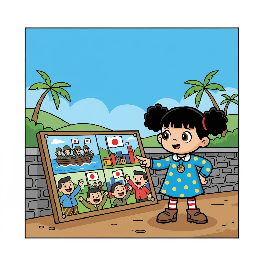 Kedatangan Jepang di Indonesia dimulai dengan cepat. Mereka disambut oleh sebagian penduduk Indonesia yang berharap Jepang dapat membebaskan mereka dari penjajahan Belanda. Rini melihat gambar-gambar kedatangan tentara Jepang di berbagai kota besar.