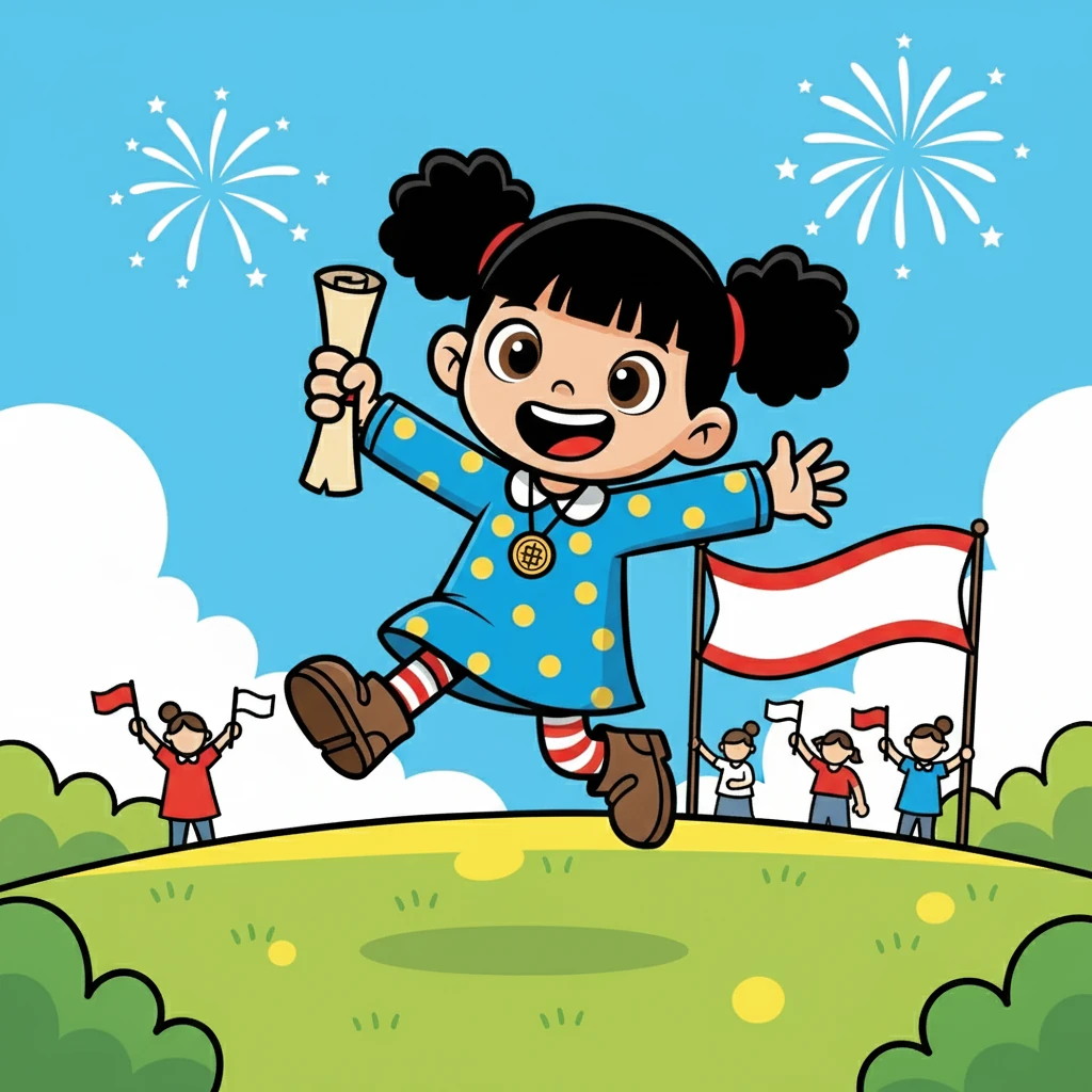 Setelah Perang Dunia II berakhir, Jepang menyerah, dan Indonesia memproklamasikan kemerdekaannya. Rini merasakan kebahagiaan saat membaca tentang momen bersejarah ini. Ia mengagumi keberanian para pahlawan Indonesia.